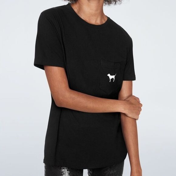 PINK Victoria's Secret Black Crewneck Tee with Aqua Campus Dog Logo - Picture 1 of 13